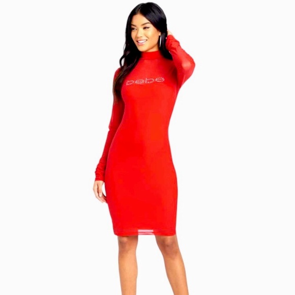 NEW Bebe MOCK NECK Mesh LOGO DRESS - Picture 1 of 12